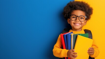 joyful child wearing glasses and a bright yellow sweater stands against a blue and yellow background. They are holding a stack of colorful books, showcasing their excitement for learning