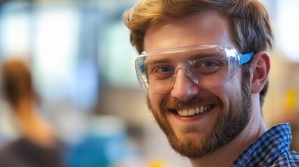 Obraz premium Smiling Student Wearing Safety Glasses in Technical Training Lab