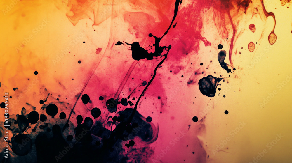 Poster artistic background with vibrant ink splatters creating a dynamic visual experience in warm color to