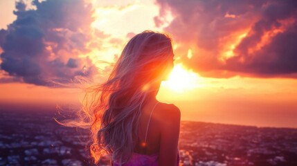 Woman with Long Hair Standing Against Bright Sunset Sky Over City