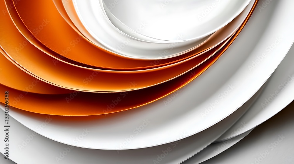 Poster abstract composition showing flowing curves of layered orange and white shapes