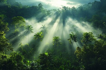 Obraz premium Sunlight filters through lush forest canopy creating a serene jungle ambiance with mist