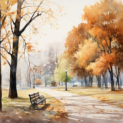 Autumnal Serenity A Watercolor Scene of a Park with a Bench