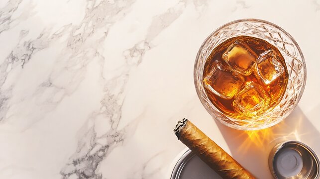 Single Malt Scotch and Cuban Cigar on a Marble Bar Counter. Copy space on the right. Generative AI