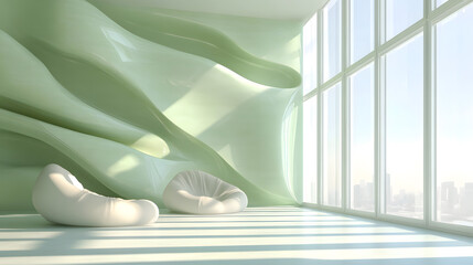 Serene Modern Interior Design with Abstract Green Wall and White Beanbag Chairs