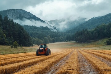Obraz premium Orange tractor plowing a golden field under cloudy mountains in a peaceful rural landscape