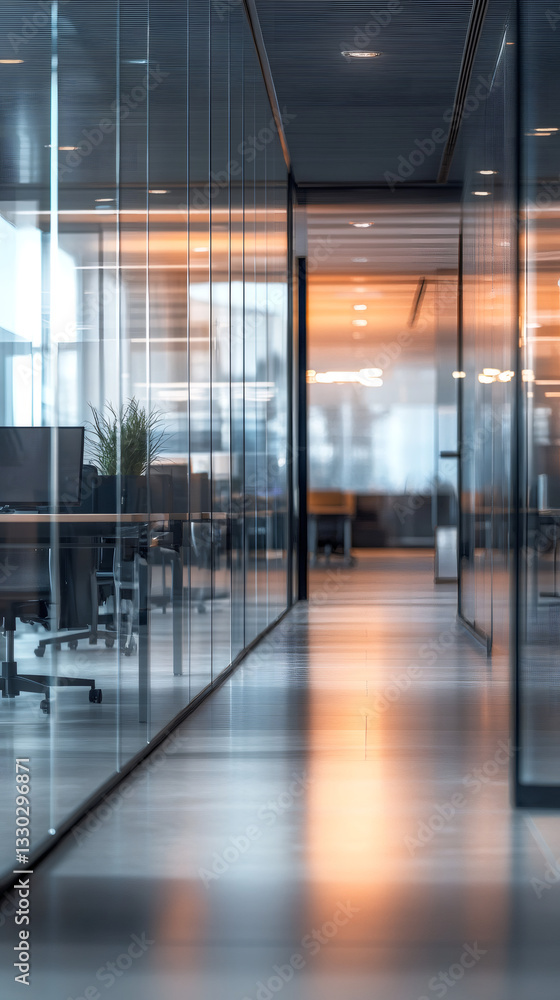 Poster Empty corridor in a modern office with glass walls and warm lighting, creating a professional and sophisticated atmosphere