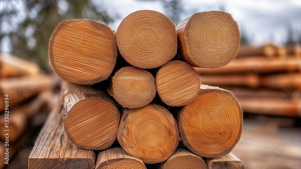 Poster sturdy logs are arranged in a stack at a lumber yard, highlighting the rich wood grains and circular