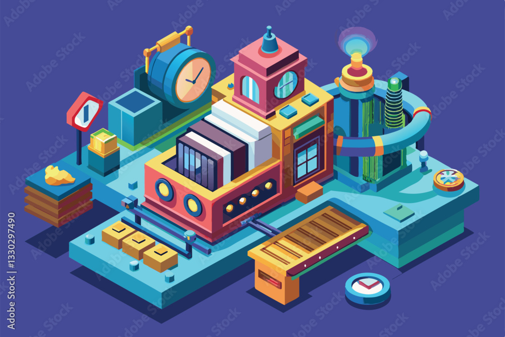 Poster a colorful isometric illustration depicts a customizable time machine with playful components and un