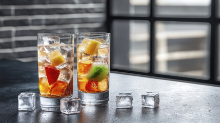 Refreshing cocktail drinks with ice and fruit