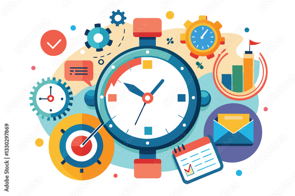 Aufkleber a colorful design showcasing a clock surrounded by gears, tasks, and productivity elements for time 