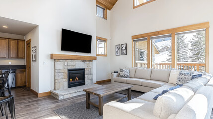Cozy living room with sectional sofa, fireplace, and large windows. Perfect for relaxation and warmth