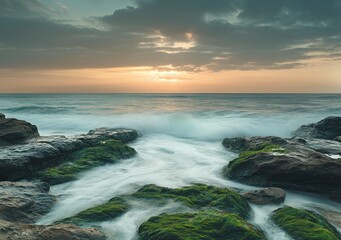 Obraz premium Ocean Waves Crashing on Mossy Rocks at Sunset Creating Dreamy Scene