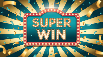Illuminated "SUPER WIN" sign with vintage marquee lights, surrounded by vibrant confetti and golden rays in a celebratory casino theme.
