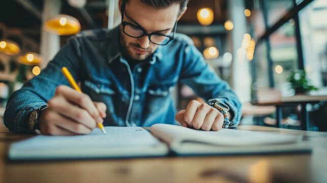 Business owner takes notes while planning strategy in a cozy cafe environment
