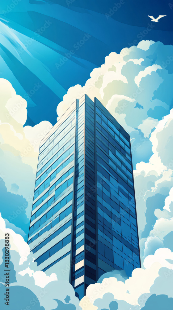 Aufkleber Sun rays filtering through clouds illuminating modern skyscraper, creating a sense of height and aspiration