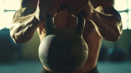 Man lifting kettlebell, strong arms