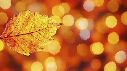 Fototapeta premium vibrant autumn leaf with intricate details against blurred bokeh background, evoking warmth and nostalgia