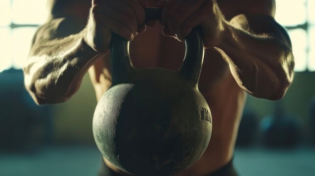 Man lifting kettlebell, strong arms