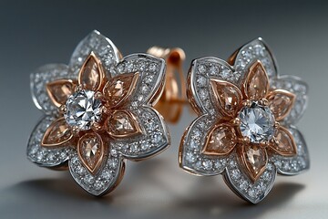 Fototapeta premium Exquisite floral design earrings crafted with diamonds and rose gold accents showcasing elegance
