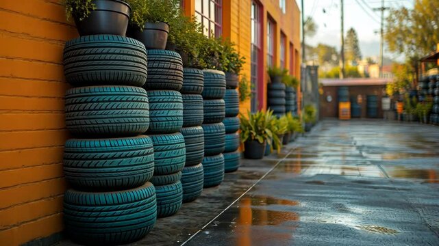 Urban Oasis: Stacks of Tires and Plants Against a Vibrant Orange Wall