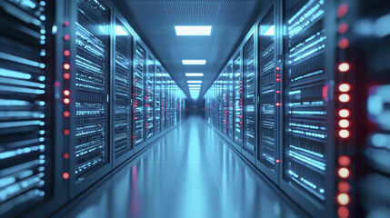 High tech data center with illuminated server racks and cool lighting