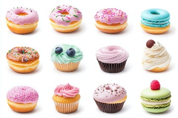 Fototapeta premium Colorful Collection of Sweet Desserts Including Cupcakes, Donuts, and Macarons on Display