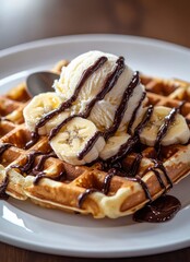 Delicious Waffle with Ice Cream, Banana, and Chocolate Syrup Dessert