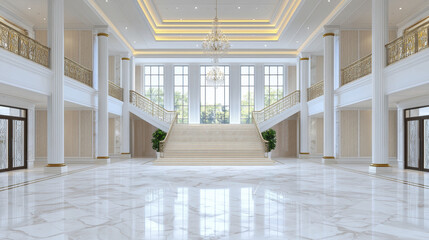 Obraz premium Elegant hotel lobby with grand staircase, marble floor, and chandeliers