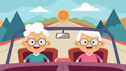 A pair of glasseswearing elderly women sit in the front seats of a restored 1950s sedan giggling as they take a joyride down a deserted country road.. Vector illustration