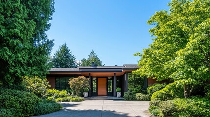 Modern Luxury Home Entrance with Clean Lines, Surrounded by Greenery, Under a Clear Blue Sky, Minimalistic and Serene Design.
