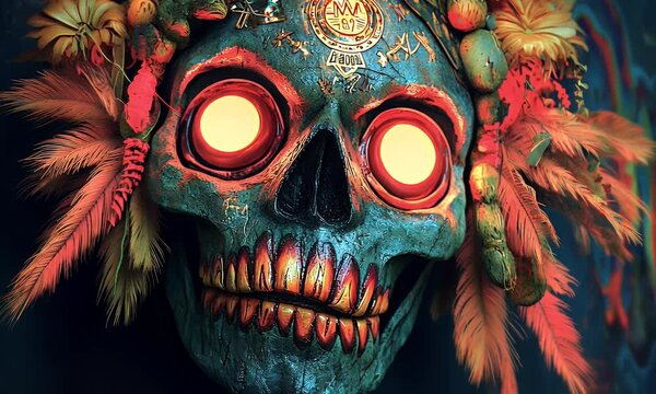 skull, neon, voodoo, Dark DMT Voodoo Skull, insane detail, neon lighting