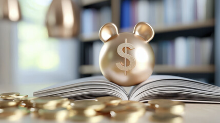 golden piggy bank on open book symbolizes financial literacy and education