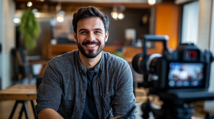 Obraz premium Man captures his business journey through engaging vlogging in a cozy cafe setting