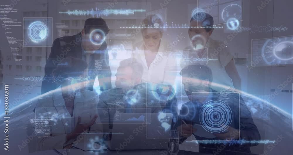 Aufkleber collaborating with animation, business team working with digital data in office