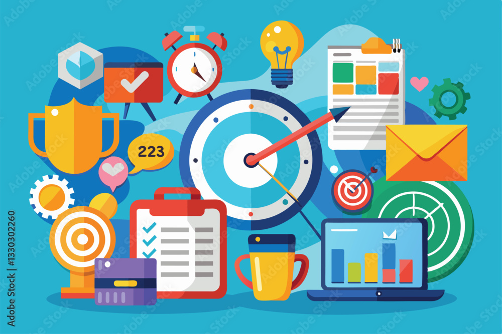 Poster visual elements highlight essential time management tools for meeting business targets and improving