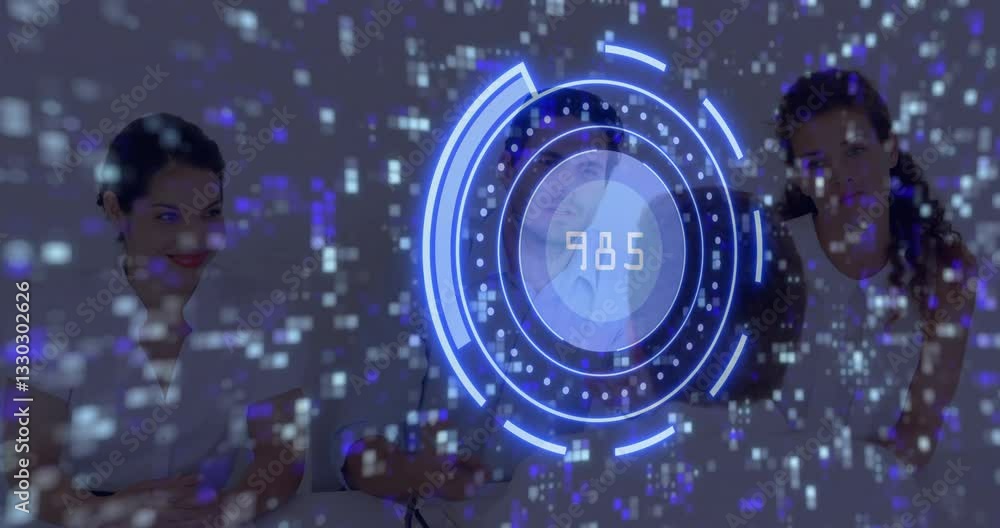Poster digital data animation over diverse people collaborating in modern office setting