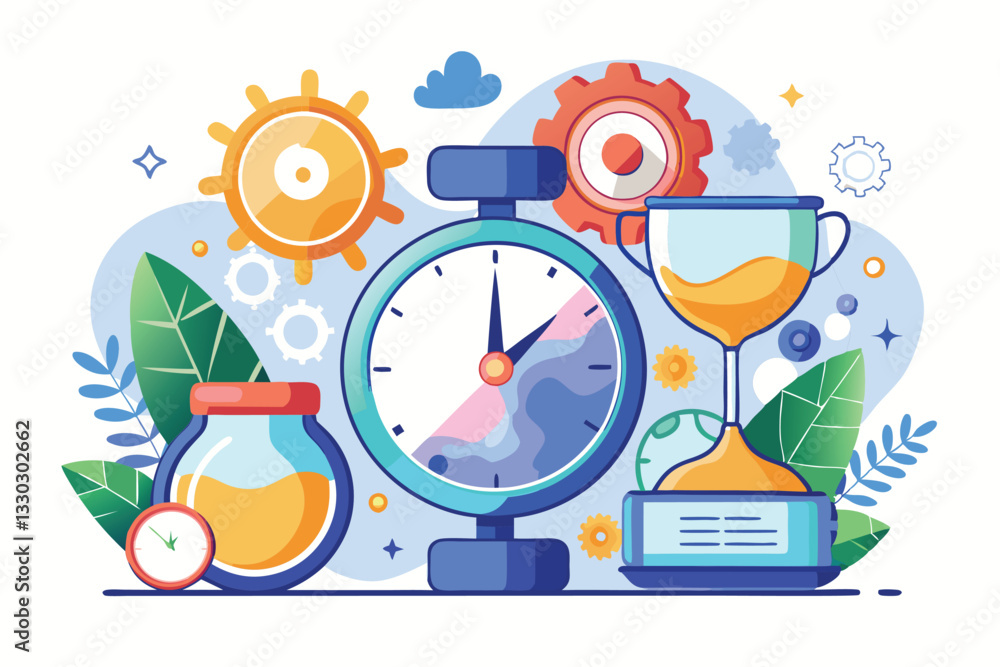 Poster a vibrant arrangement of timers, gears, and a trophy illustrating the concepts of time management an