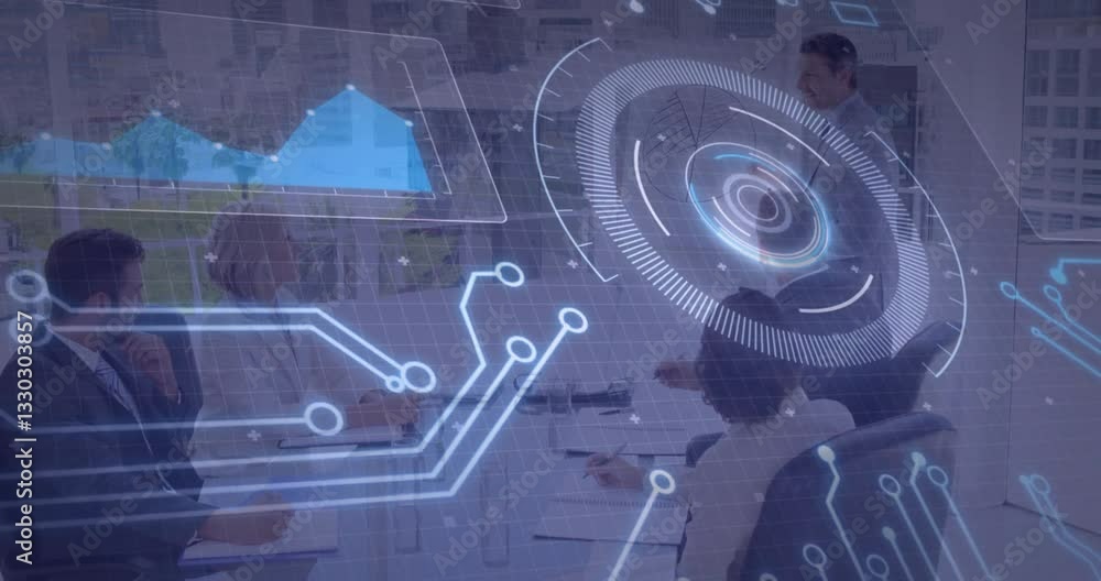 Poster in office, business team using digital interface with animation for data processing