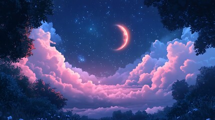Crescent moon over dreamy clouds in a nature background
