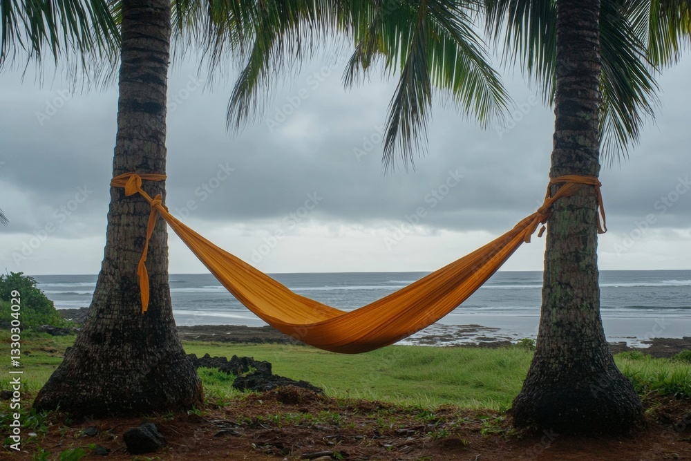 Poster this setting features a bright hammock suspended between two palm trees, offering a peaceful spot to