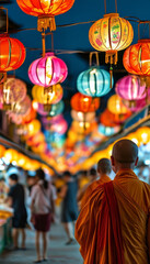 Obraz premium Buddhist Mid-Autumn Festival celebration, a lively Mid-Autumn Festival night market, filled with people buying mooncakes, colorful lanterns hanging overhead, and Buddhist monks offering blessings 