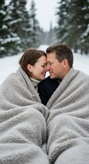 Fototapeta premium Two people share a warm embrace while wrapped in blankets, surrounded by snow-covered trees