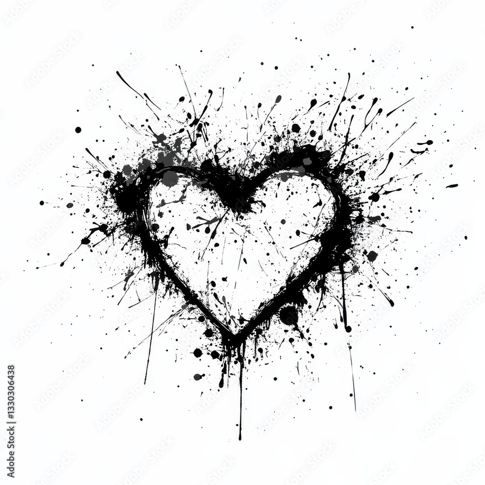 Poster abstract black heart splatter design on white background, ink and artistic expression for graphic el