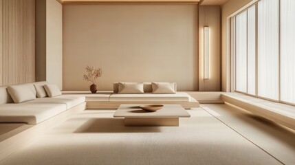 A minimalist living room design with beige and white tones, centered around a sleek linear sofa with soft, neutral cushions