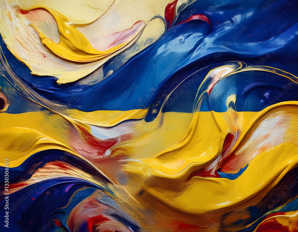 Poster thick strokes of yellow and blue paint create a dynamic, abstract composition with a sense of moveme
