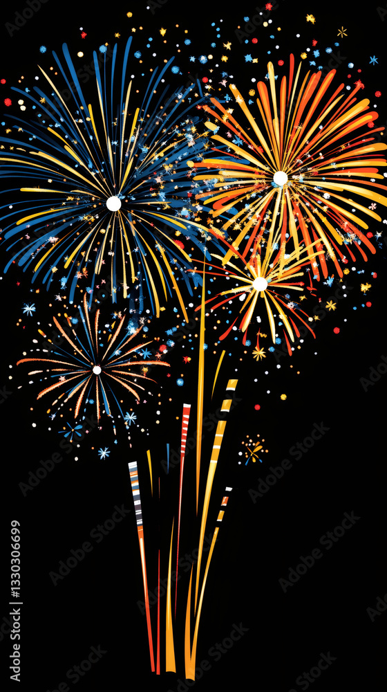 Poster bright and colorful fireworks exploding against a dark night sky, creating a festive and celebratory