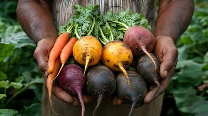 Colorful Carrots and Beets in a Garden, A variety of colorful carrots and beets held by hands in a lush green garden