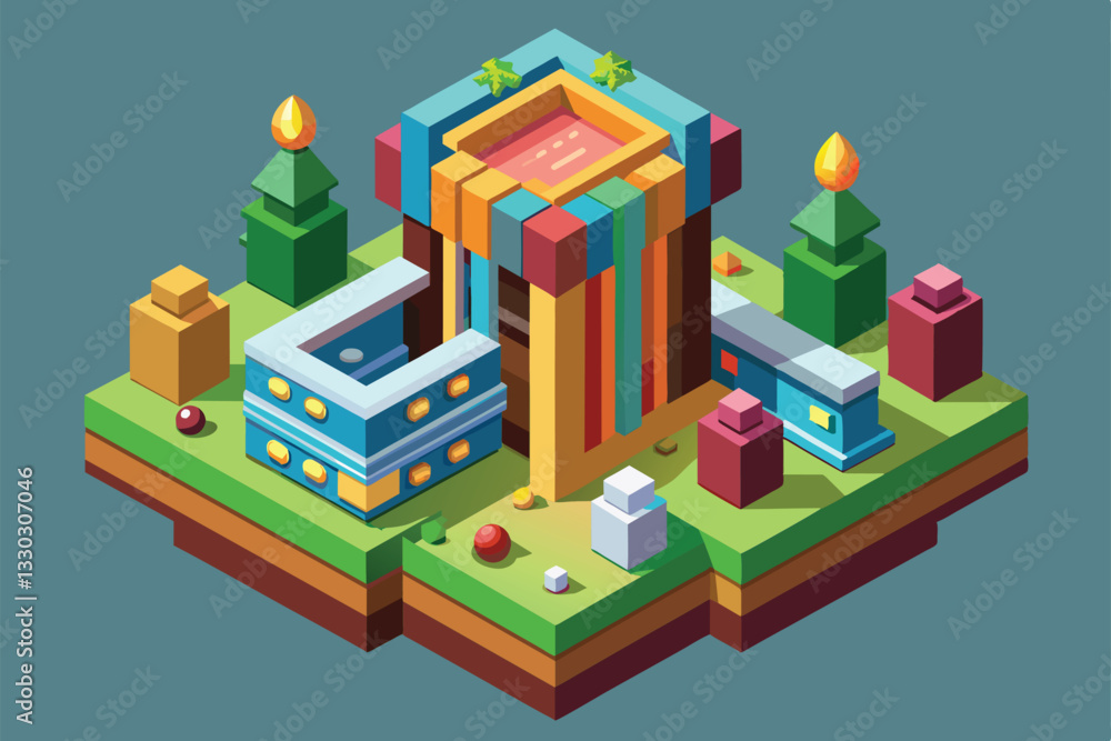 Poster a colorful isometric landscape features unique structures and vibrant decorations for customization,