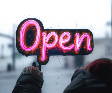 Person holding glowing pink neon open sign against rainy glass window for business opening or shop concept